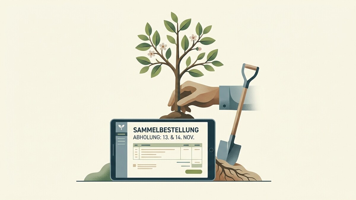 Sammelbestellung mit Baum und Schaufel auf Tablet, Abholung 13. & 14. Nov.