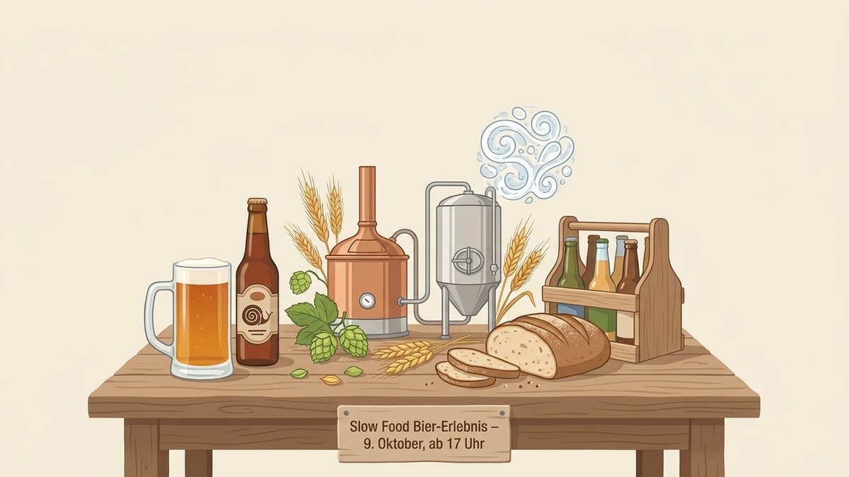 Bier, Brot und Brauanlage auf Holztisch, Slow Food Bier-Erlebnis am 9. Oktober