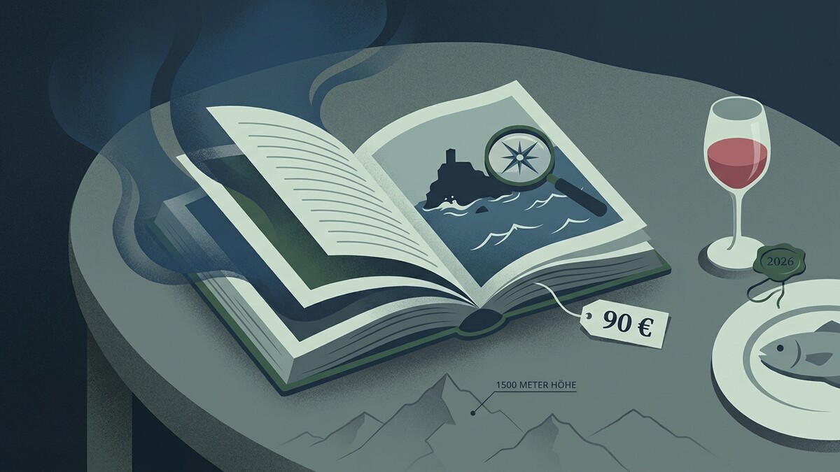 Buch mit Lupe und Kompass auf einer Insel, daneben ein Weinglas und Fisch.