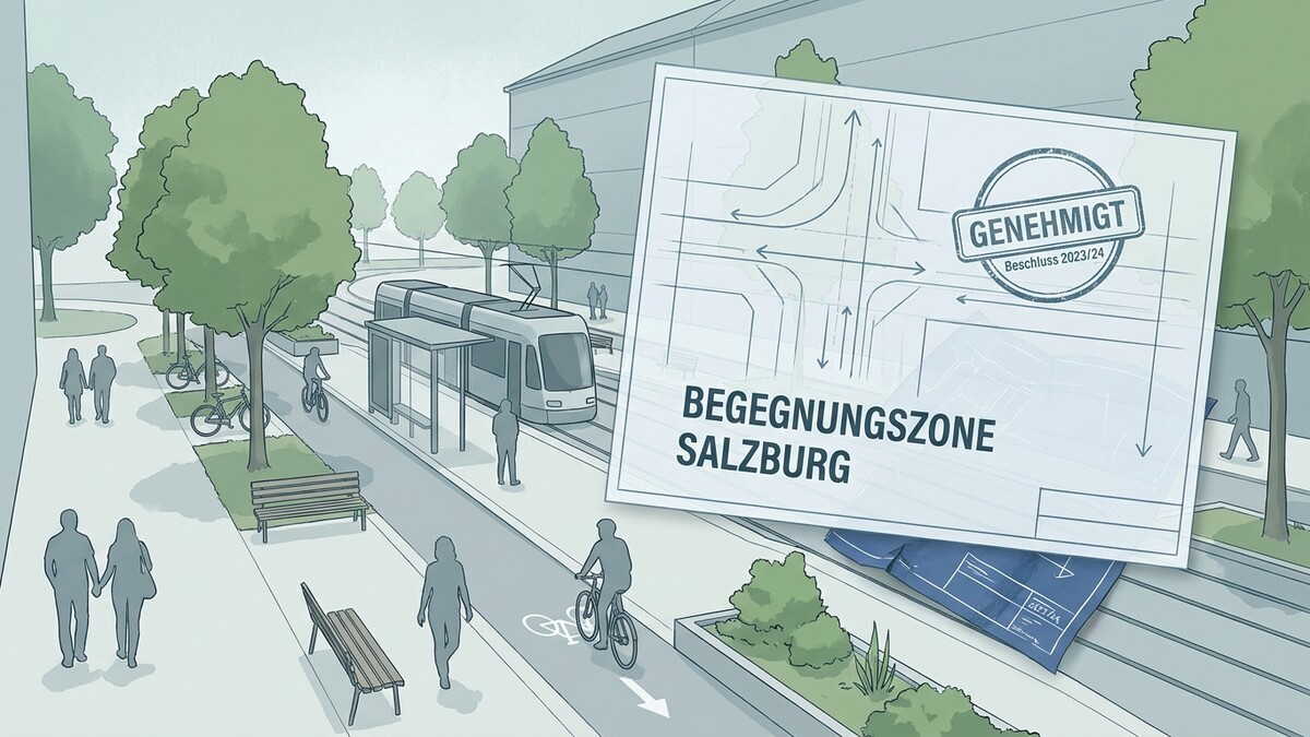 Begegnungszone Salzburg: Plan mit Tram, Radweg und Fußgängern