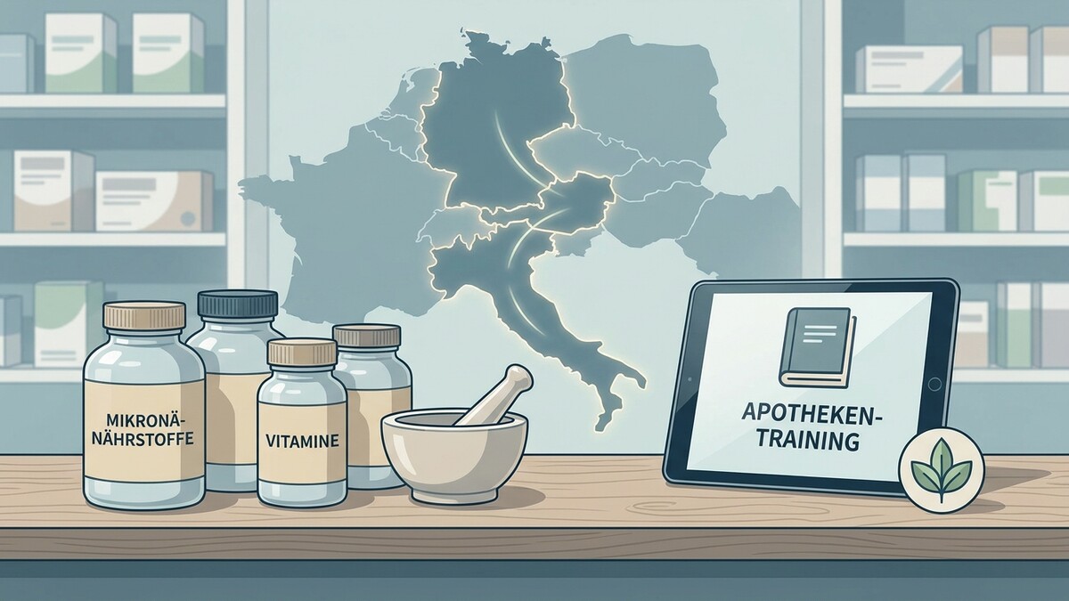 Apotheken-Training auf Tablet vor Mikronährstoffe und Vitamine in Apotheke, Karte von Europa
