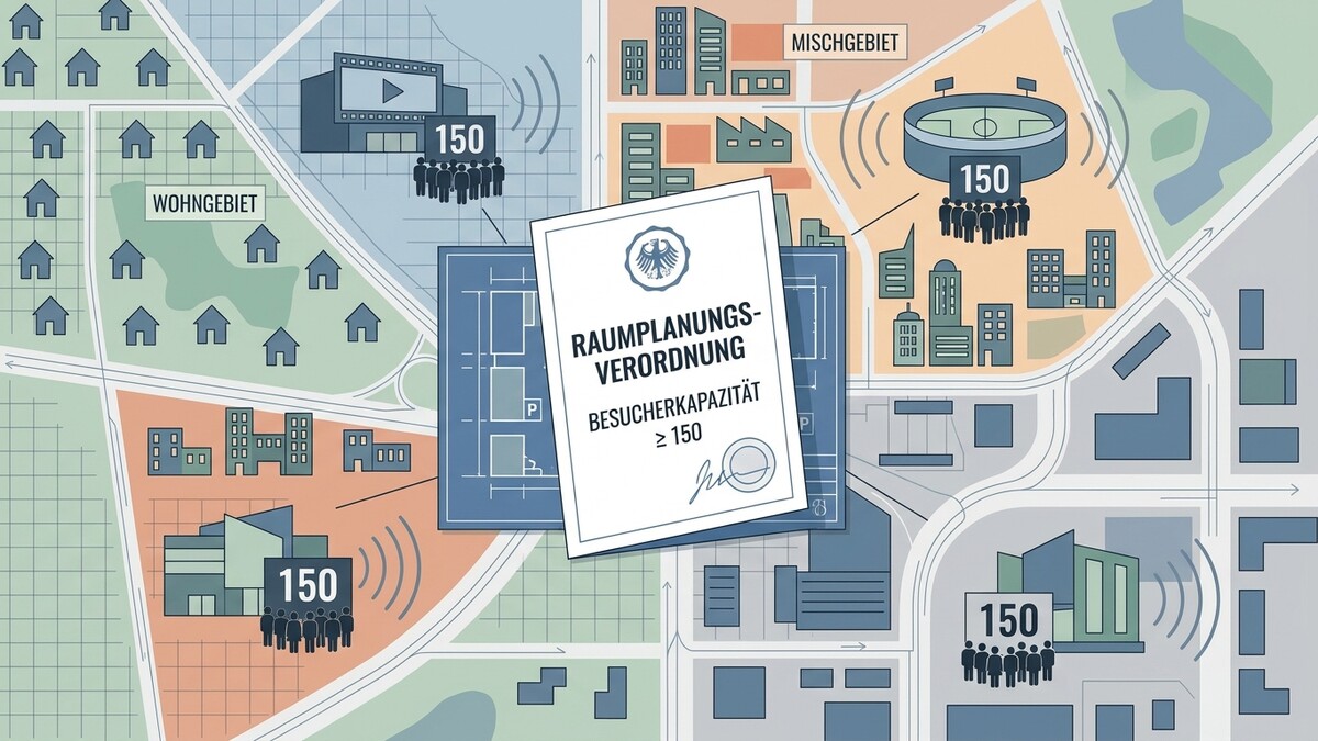 Raumplanungsverordnung Besucherkapazität ≥ 150 in Stadtplan mit Wohngebiet und Mischgebiet