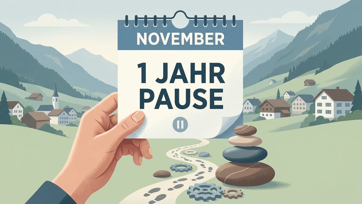Kalenderblatt November 1 Jahr Pause vor Bergdorf mit Kirche, Hand hält Blatt