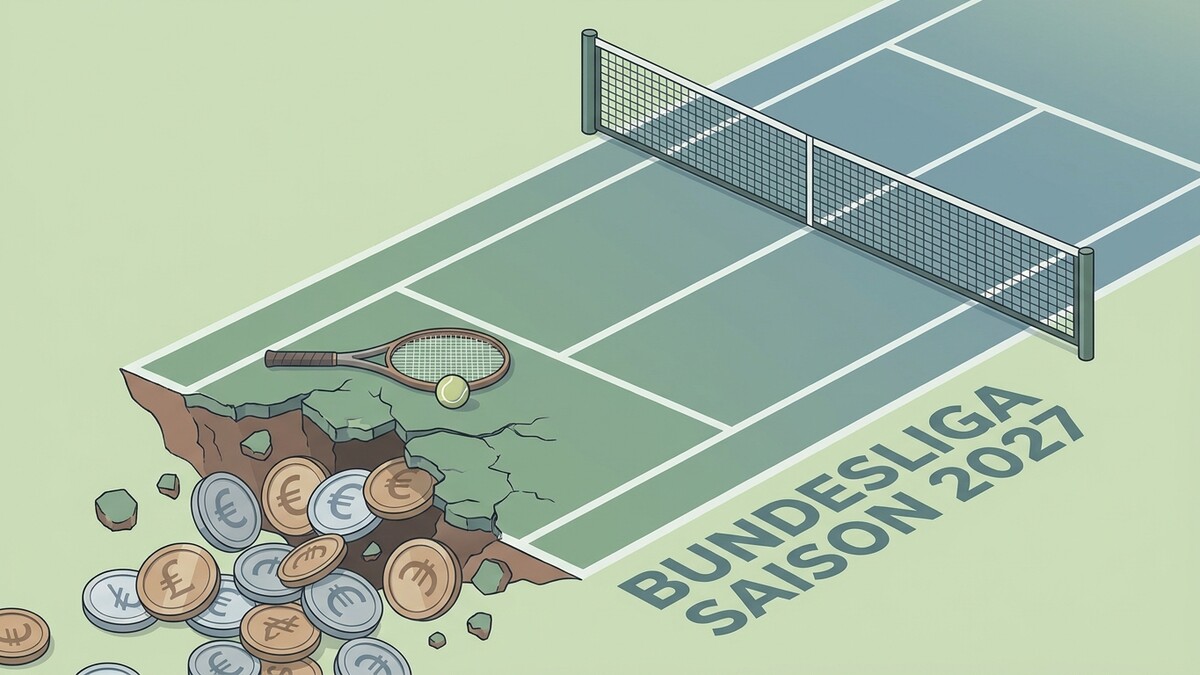 Tennisplatz mit zerbrochenem Spielfeldrand, Münzen und Schläger, Schriftzug Bundesliga Saison 2027