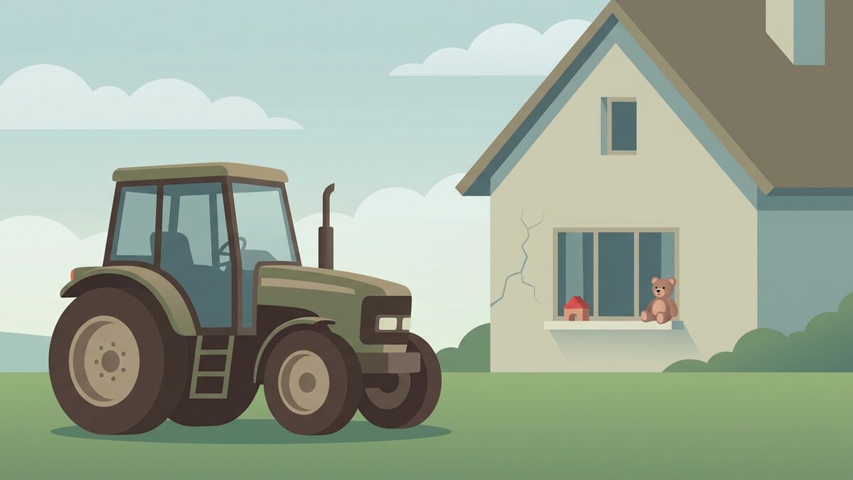 Traktor steht vor einem Haus mit Teddybär und Spielzeughaus am Fenster