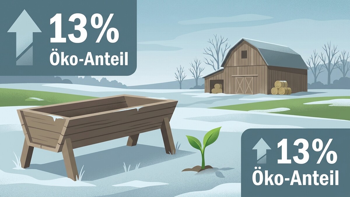 13% Öko-Anteil auf einem verschneiten Bauernhof mit Scheune und Futtertrog