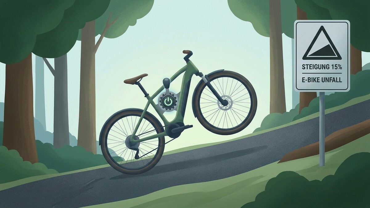 E-Bike mit Steigungsschild 15% und Warnung vor E-Bike-Unfall im Wald