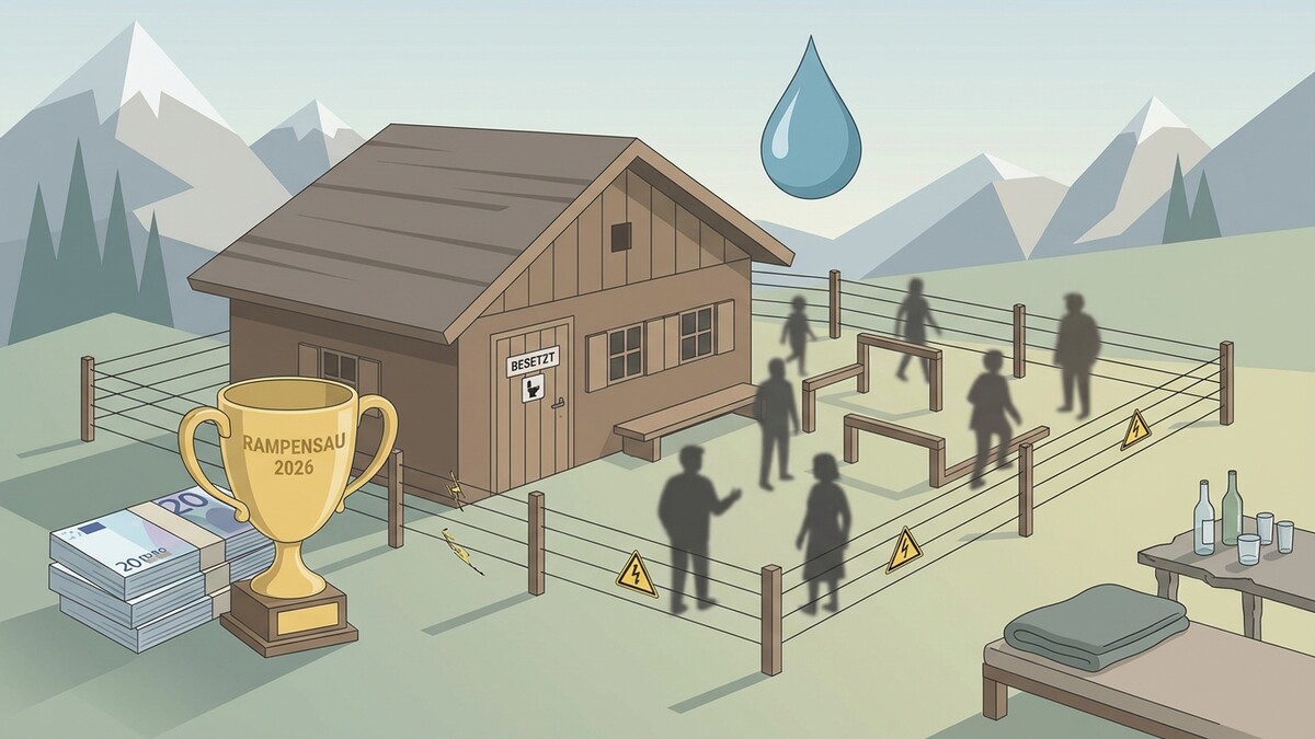 Rampensau 2026 Pokal mit Geldbündeln vor Hütte mit Silhouetten und Wasser-Tropfen