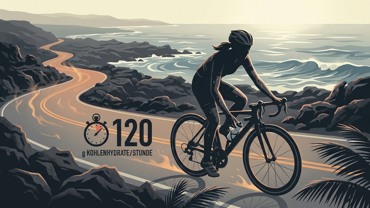 Radsportlerin auf Küstenstraße mit 120g Kohlenhydrate pro Stunde Anzeige