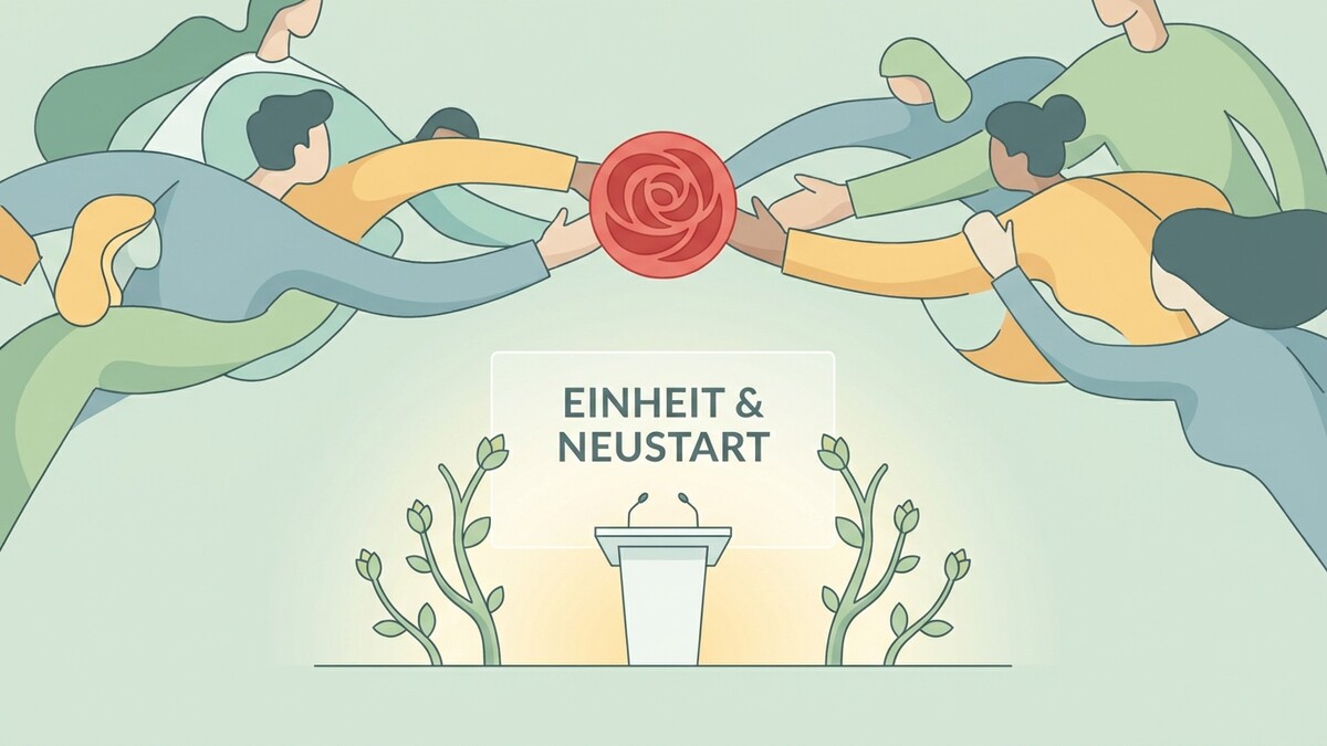 Menschen reichen sich die Hände um eine rote Rose, darunter ein Rednerpult mit Text "EINHEIT & NEUSTART".