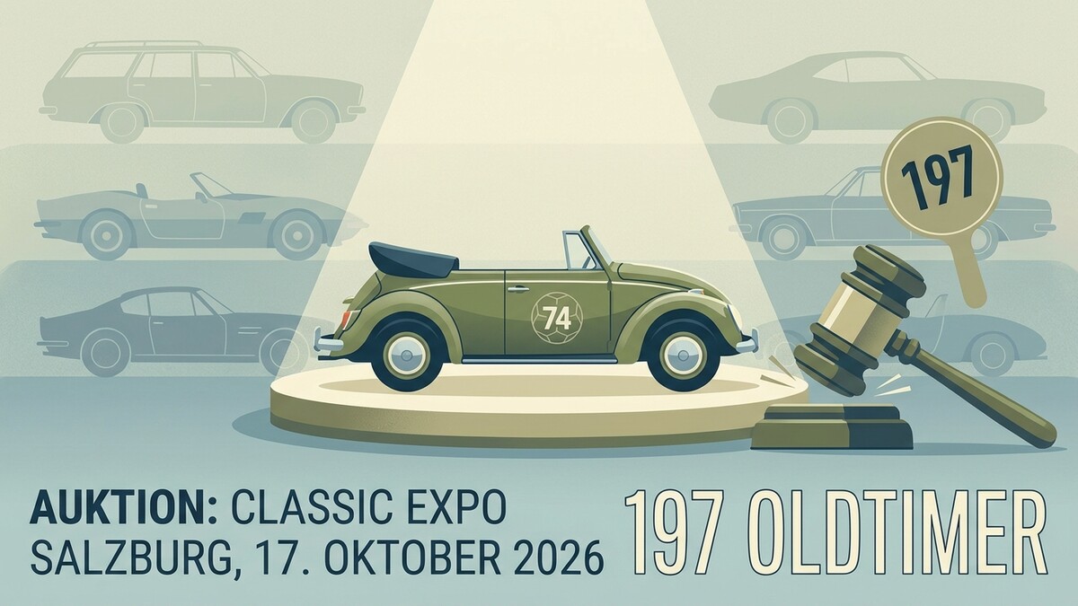 Oldtimer Auktion Salzburg 17. Oktober 2026 mit Gebotshammer und Versteigerungstafel