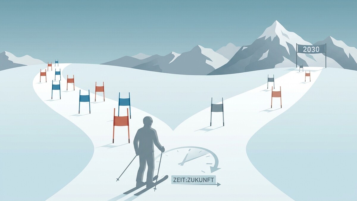 Skirennläufer vor Weggabelung mit Zeit-Symbol und Zielbanner 2030 in den Alpen