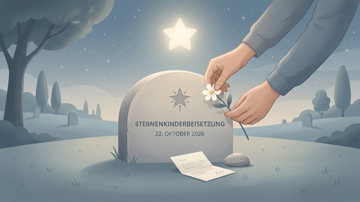 Sternenkinderbeisetzung: Hände legen Blume auf Grabstein am Friedhof
