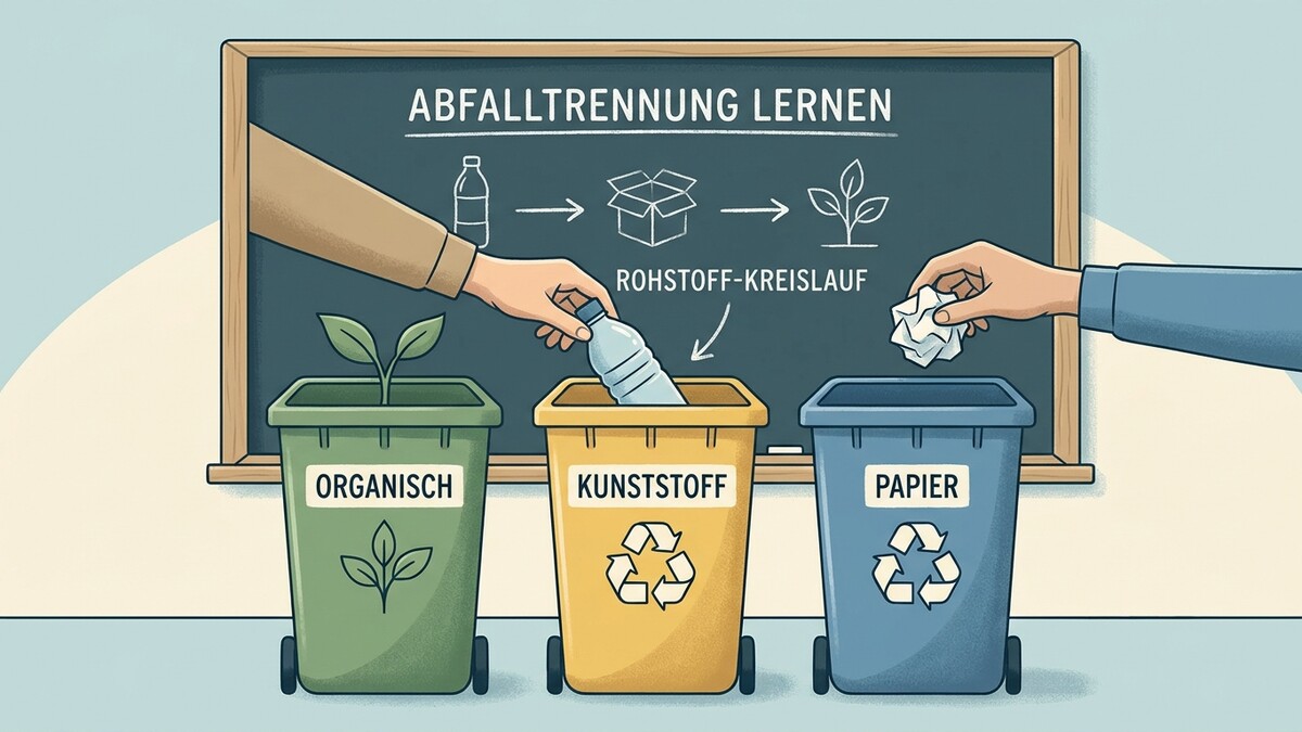 Abfalltrennung lernen: Hände werfen Plastikflasche und Papier in gelbe und blaue Tonne.
