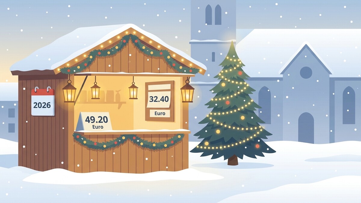 Weihnachtsmarkt mit Preisschildern und Kalender mit Jahr 2026 vor Kirche