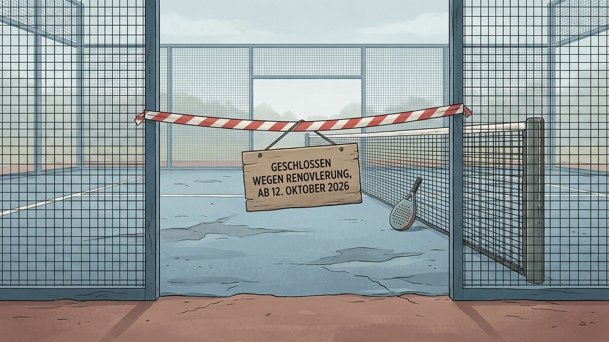Padel-Tennisplatz mit Absperrband und Hinweisschild "Geschlossen wegen Renovierung"