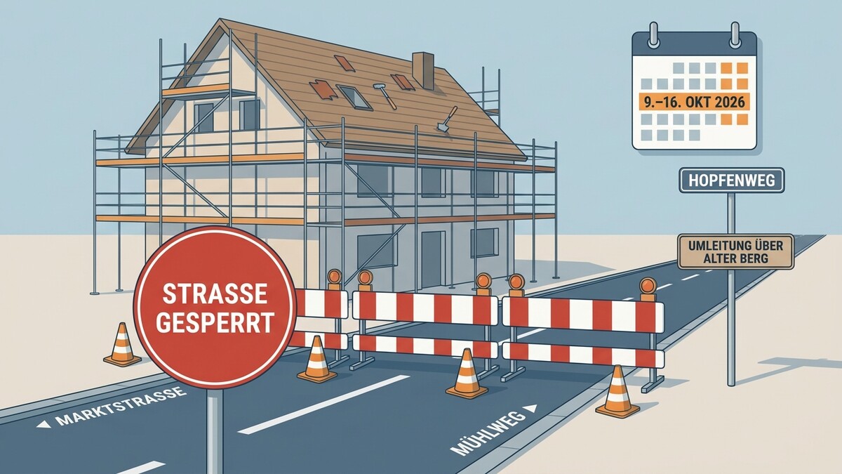 Straßensperre am Hopfenweg mit Umleitungsschild "Alter Berg" und Bauschild