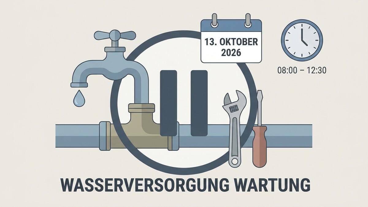 Wasserversorgung Wartung am 13. Oktober 2026 von 08:00 bis 12:30 Uhr.