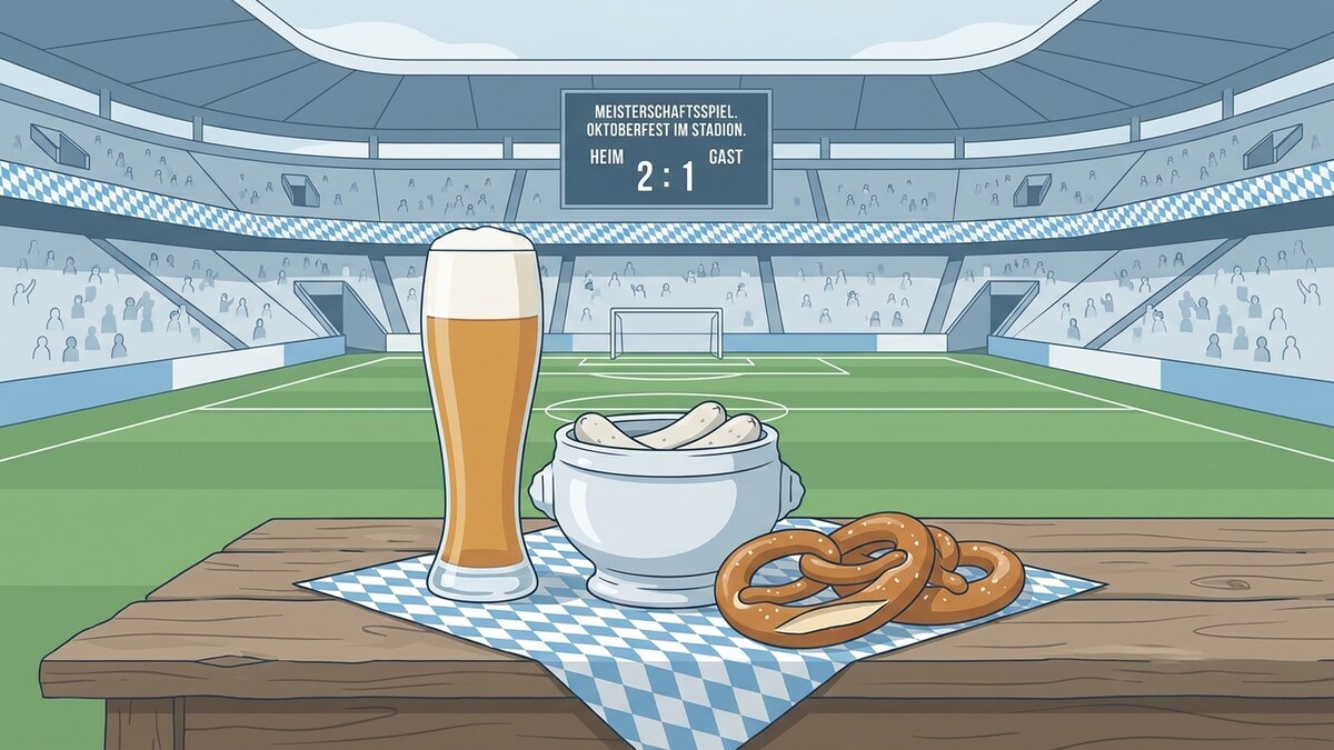Fußballstadion mit Bier, Weißwurst und Brezeln im Vordergrund