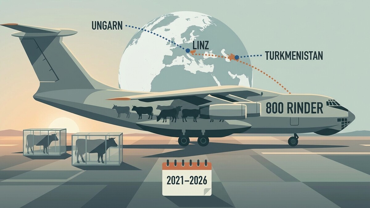 Rinderflug von Ungarn über Linz nach Turkmenistan zwischen 2021 und 2026