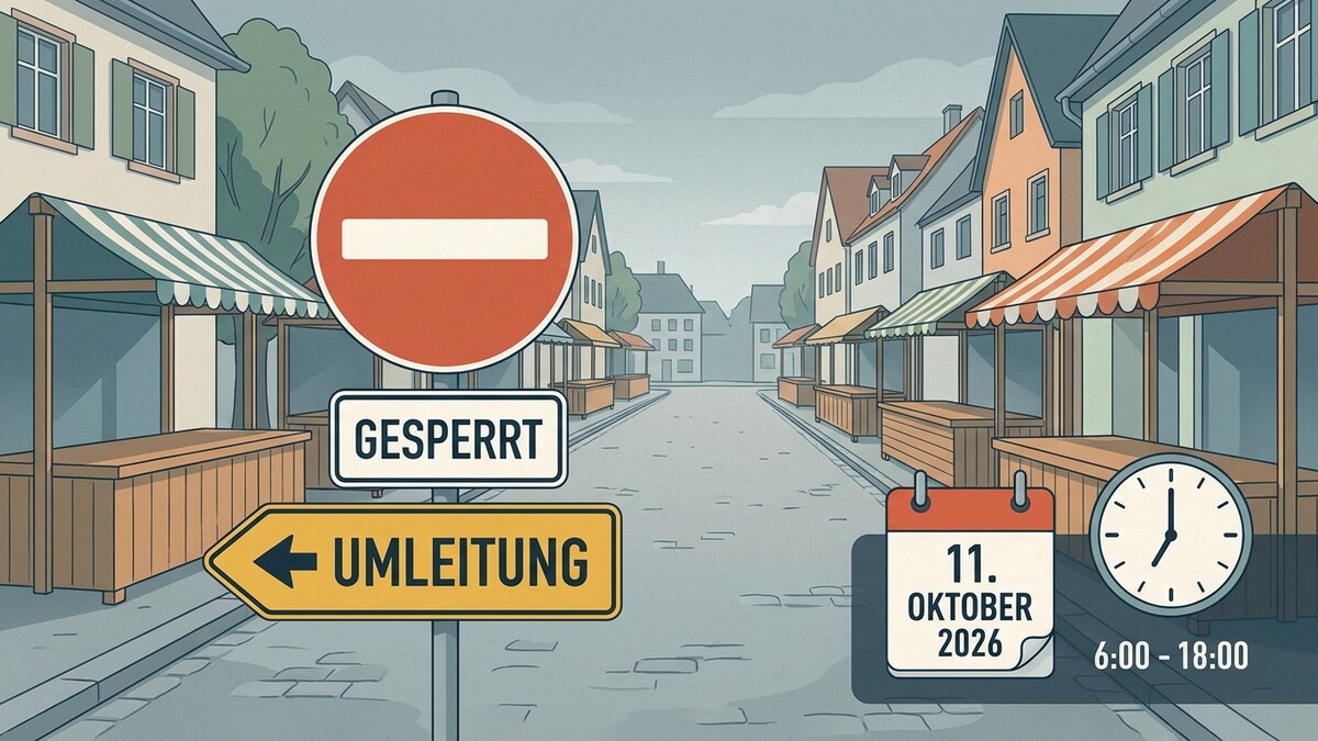 Straßensperre mit Umleitungsschild, Kalenderblatt und Uhrzeit in einer Gasse mit Marktständen