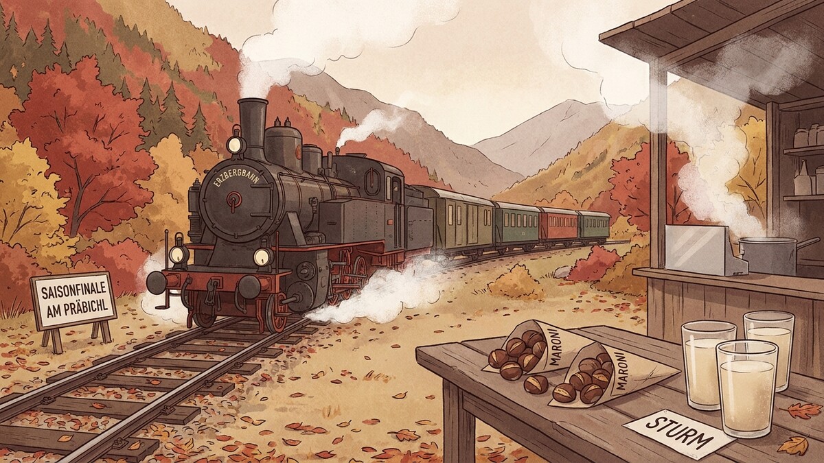 Dampflok der Erzbergbahn fährt am Präbichl mit bunten Herbstwäldern vorbei.