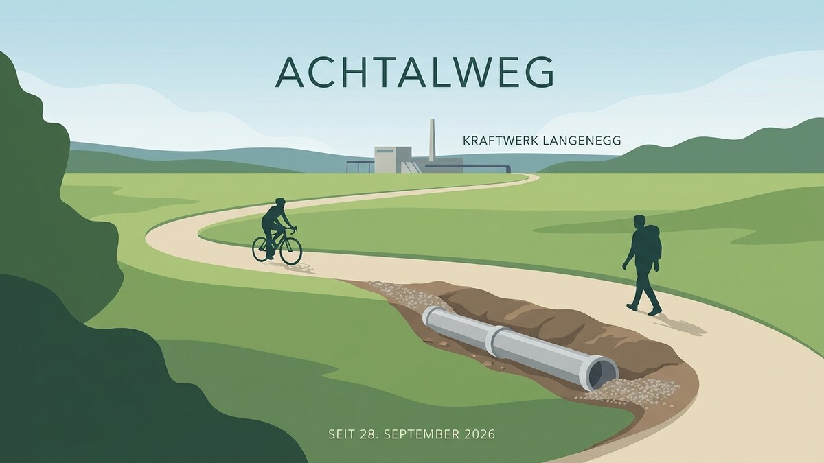 Achtalweg mit Radfahrer, Wanderer und Rohrleitung beim Kraftwerk Langenegg