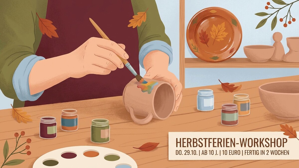Herbstferien-Workshop: Person bemalt Tasse mit Farben, Töpferwaren und Herbstlaub auf Holztisch.