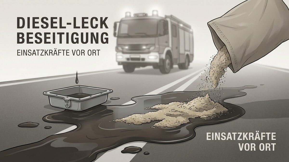 Diesel-Leck Beseitigung: Einsatzkräfte streuen Bindemittel auf ausgelaufenen Diesel.