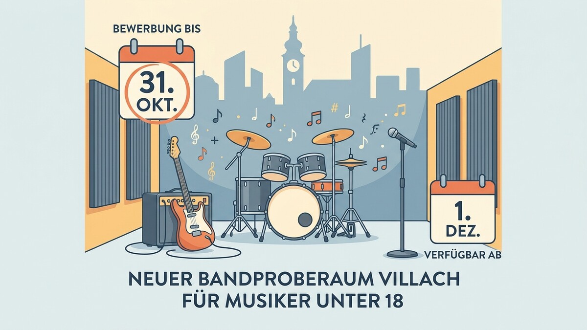 Neuer Bandproberaum Villach für Musiker unter 18 mit Gitarre und Schlagzeug