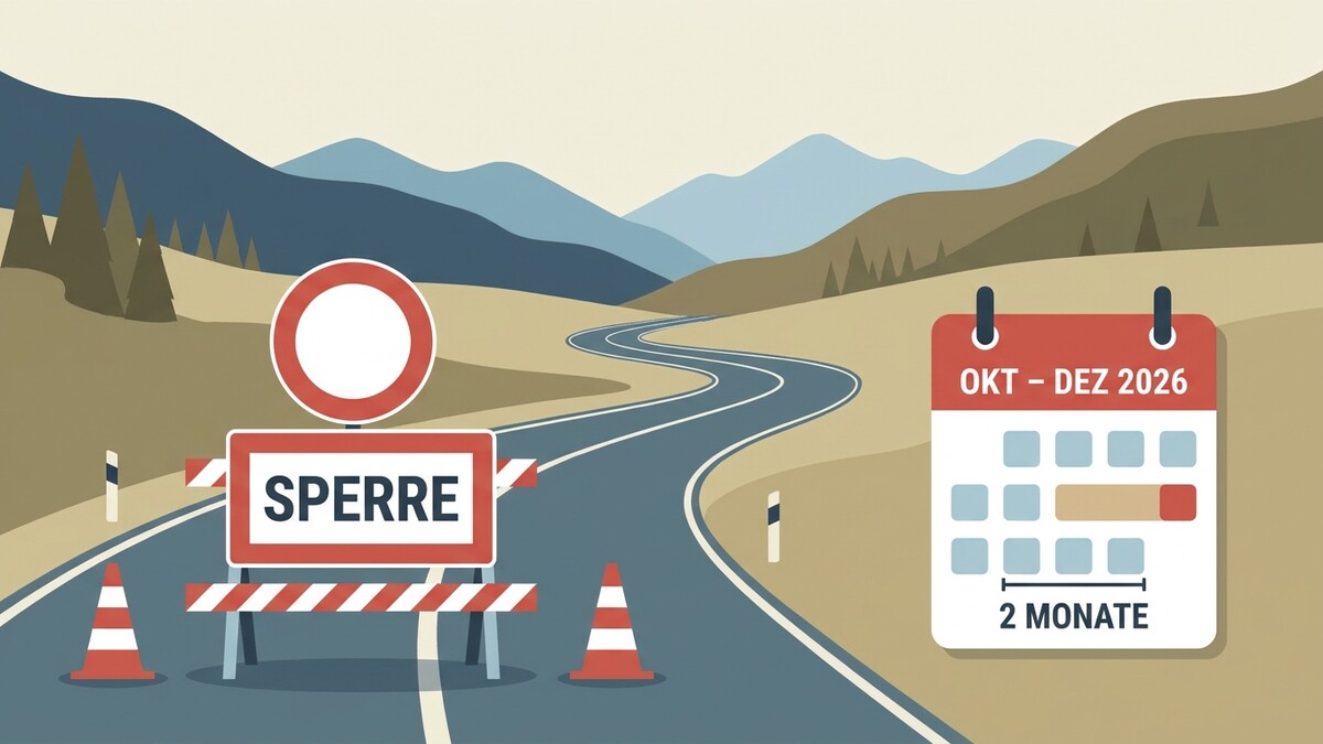 Sperre auf Bergstraße mit Kalender, der zwei Monate im Herbst 2026 anzeigt