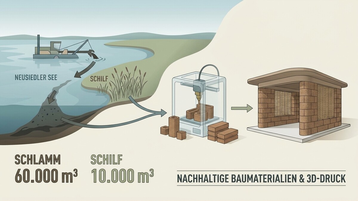 Schlamm und Schilf vom Neusiedler See werden zu nachhaltigen Baumaterialien für 3D-Druck verarbeitet.