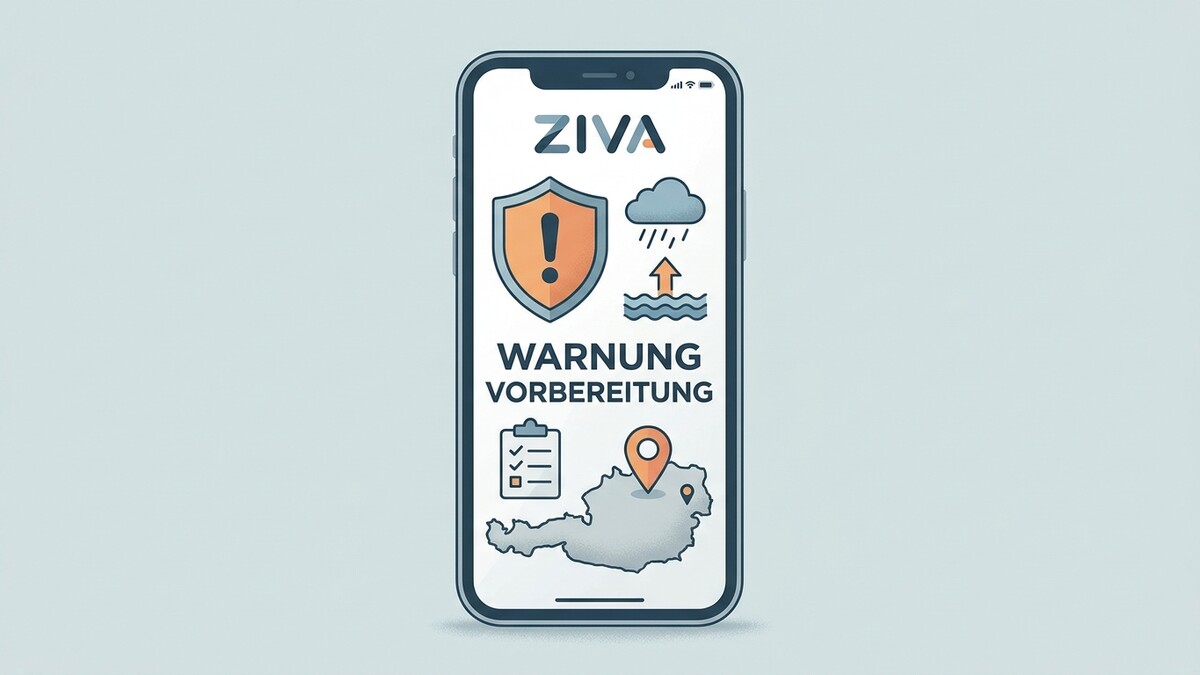 ZIVA Warnung Vorbereitung App mit Warnsymbol, Regen und Hochwasser, Checkliste und Österreichkarte