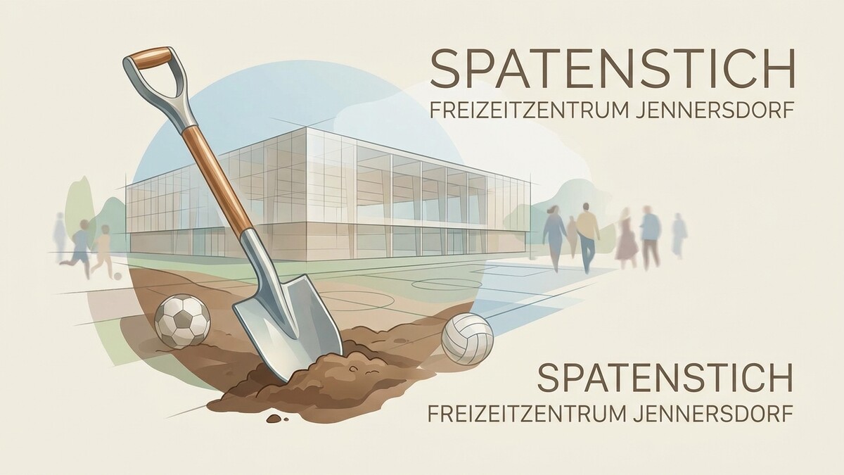 Spatenstich Freizeitzentrum Jennersdorf: Schaufel, Fuß- und Volleyball vor moderner Architektur