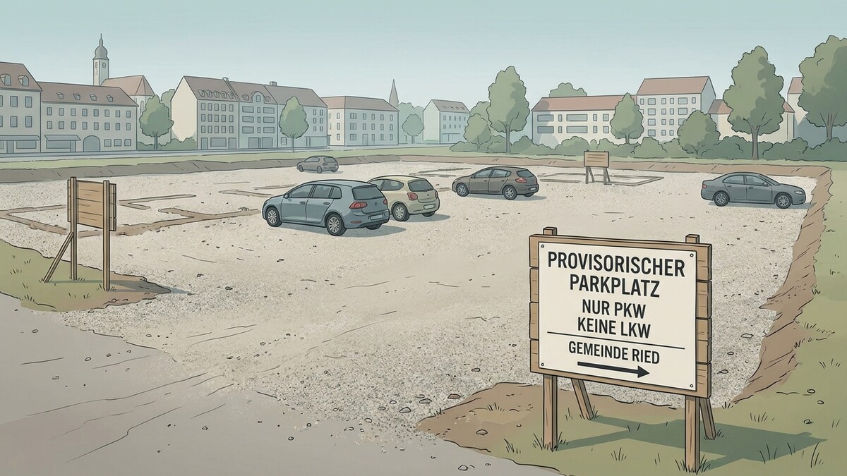 Provisorischer Parkplatz Gemeinde Ried, PKW, keine LKW, Autos auf Schotterplatz