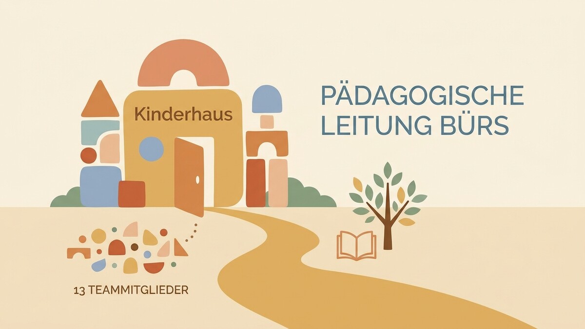 Pädagogische Leitung Bürs: Kinderhaus mit 13 Teammitgliedern und Baum mit Buch