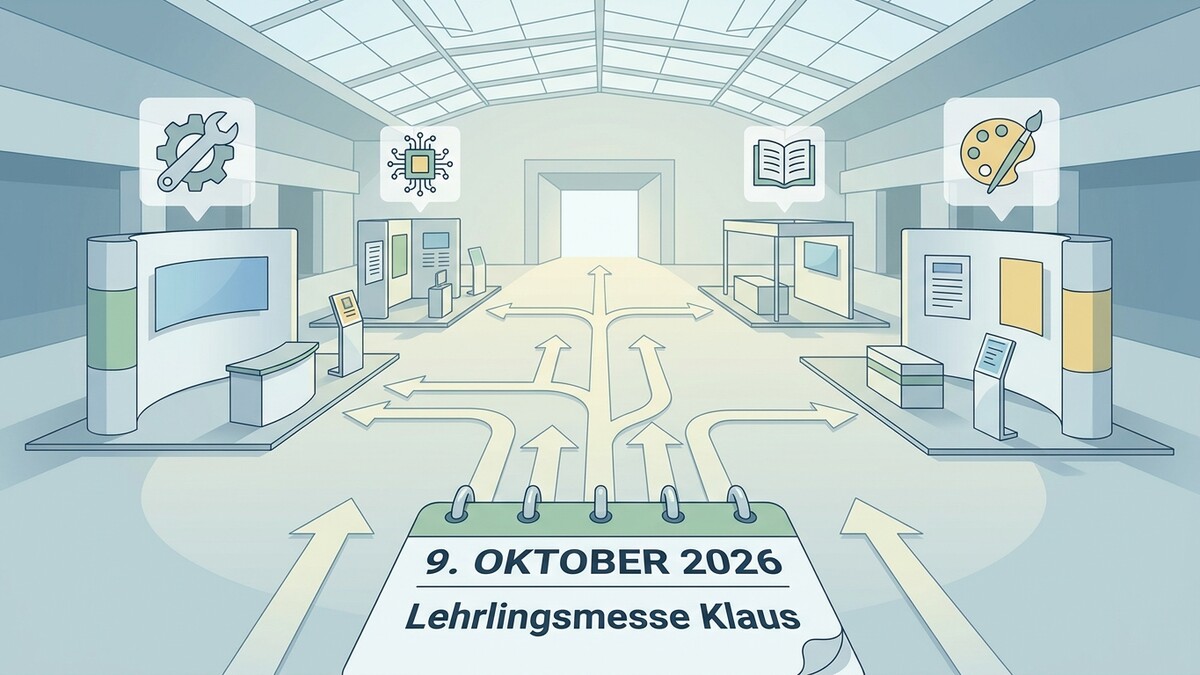 Lehrlingsmesse Klaus am 9. Oktober 2026 in einer Messehalle mit verschiedenen Ständen und Richtungsweisern