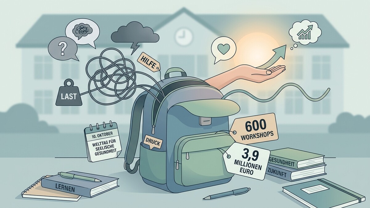 Schulrucksack mit Symbolen für Stress, Hilfe und Lernen vor einem Schulgebäude