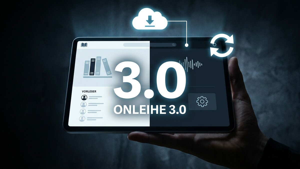Onleihe 3.0 auf Tablet-Bildschirm mit Download- und Synchronisierungssymbolen