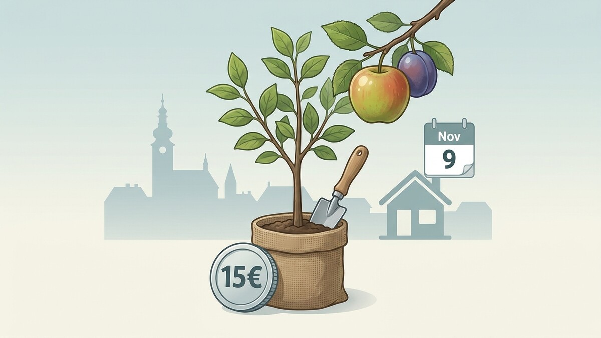 Geldanlage: Junger Baum mit Apfel, Zwetschke, Schaufel, Münze und Kalender