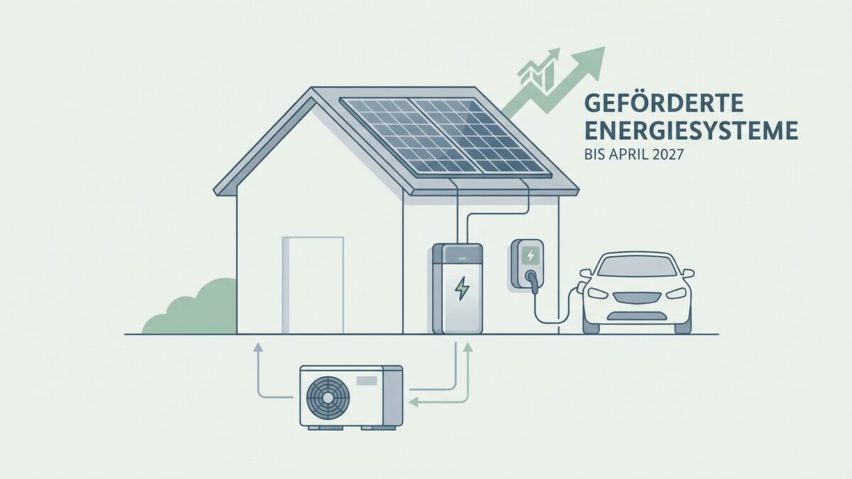 Geförderte Energiesysteme: Haus mit Solaranlage, Wärmepumpe, E-Auto und Speicher