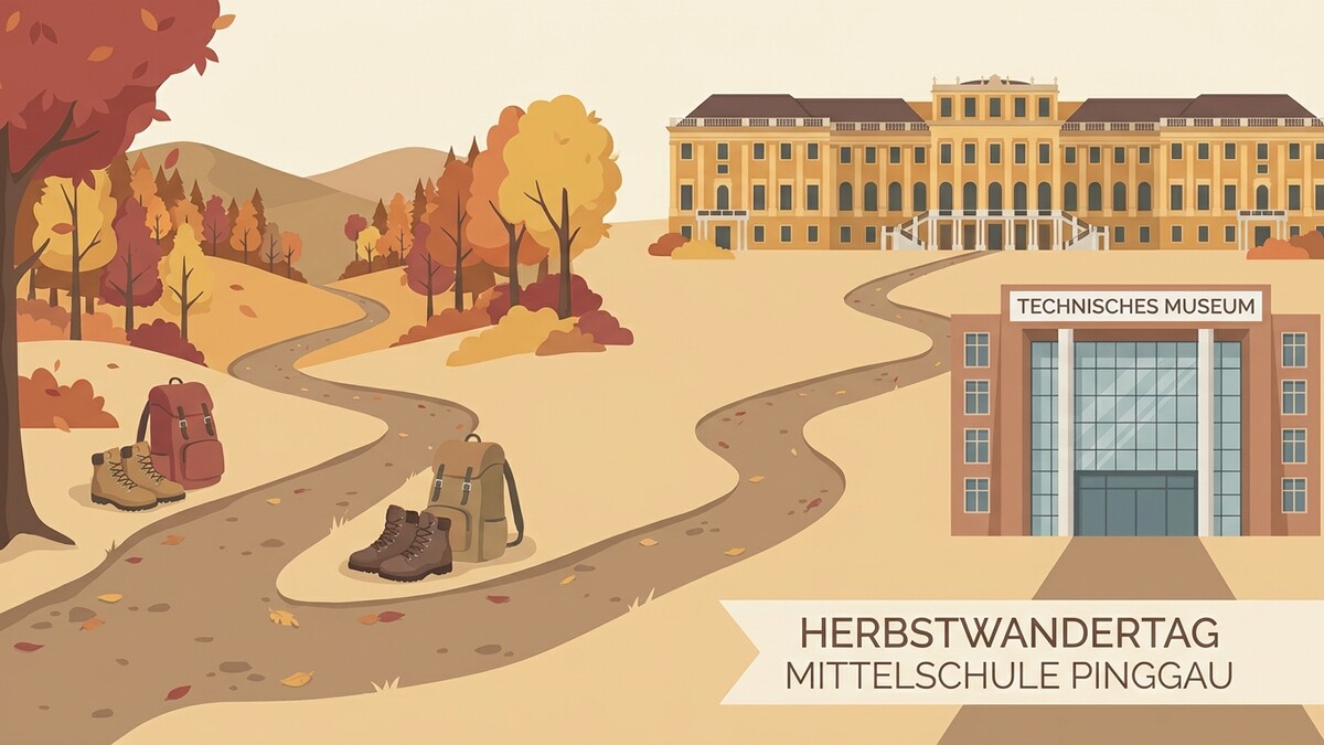 Herbstwandertag Mittelschule Pinggau mit Rucksäcken und Wanderstiefeln vor dem Technischen Museum Wien