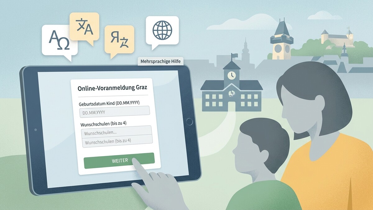 Online-Voranmeldung Graz: Mutter und Kind nutzen Tablet mit Sprachsymbolen vor Schulgebäuden und Grazer Wahrzeichen