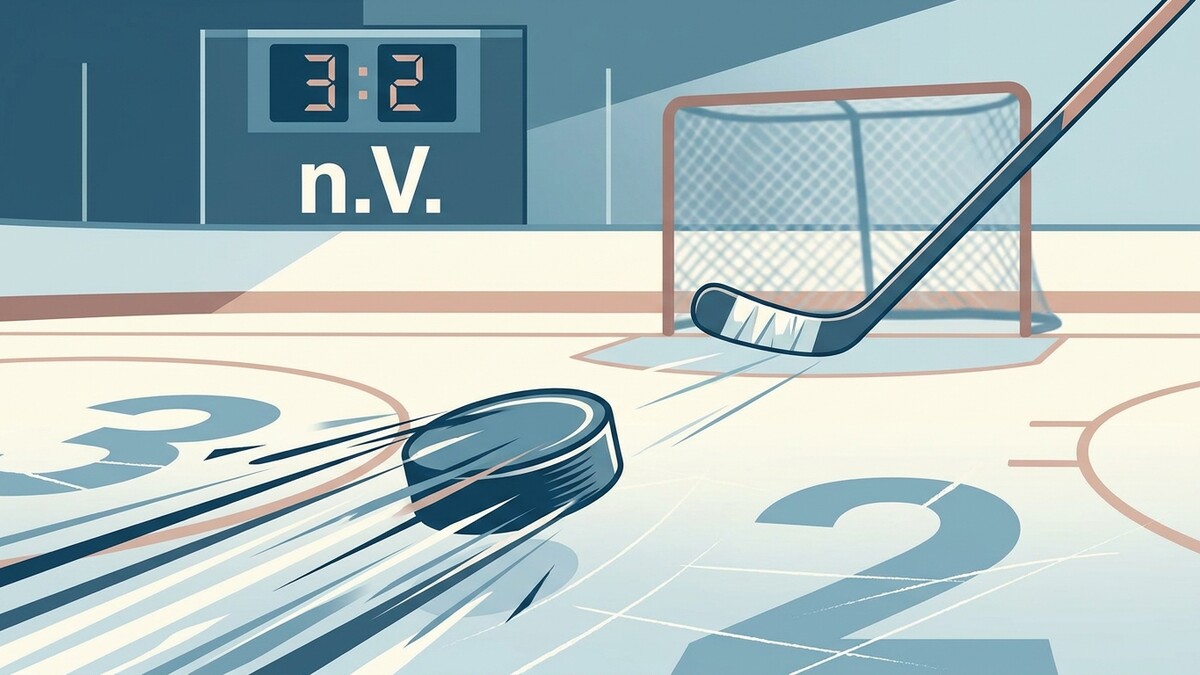 Eishockey: Puck fliegt auf Tor zu, Anzeigetafel zeigt 3:2 n.V.