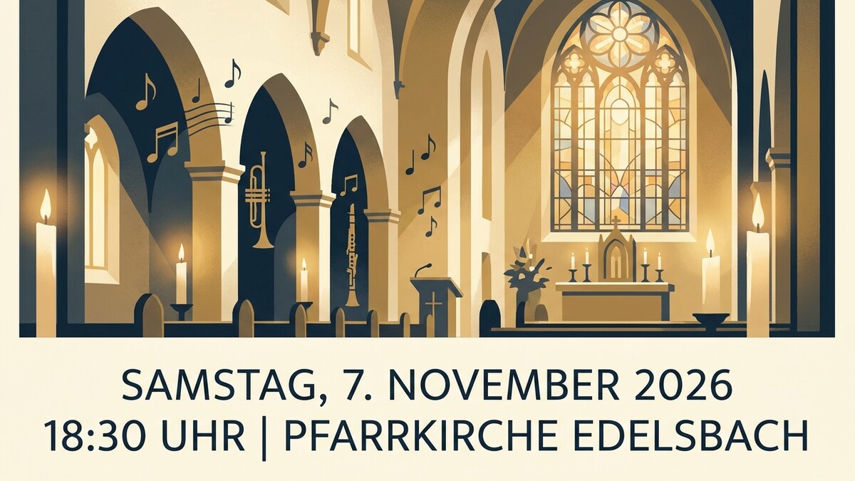 Pfarrkirche Edelsbach mit Musiknoten, Trompete, Klarinette, Kerzen und Altar