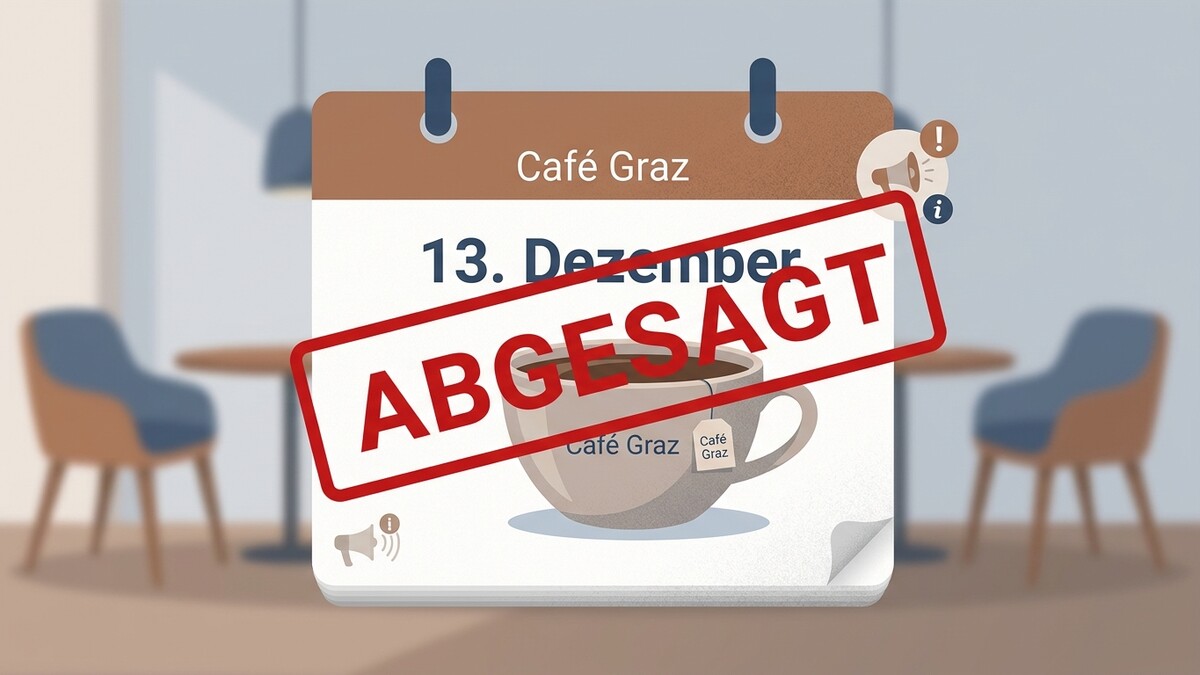 Kalenderblatt mit "13. Dezember" und "ABGESAGT" im Café Graz, Graz