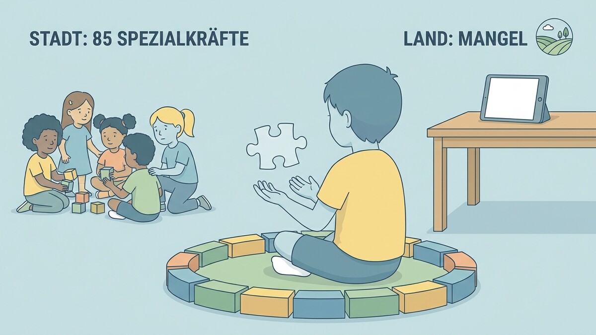 Kinder spielen mit Bausteinen und einem Puzzleteil in einem Kreis, daneben ein Tablet.