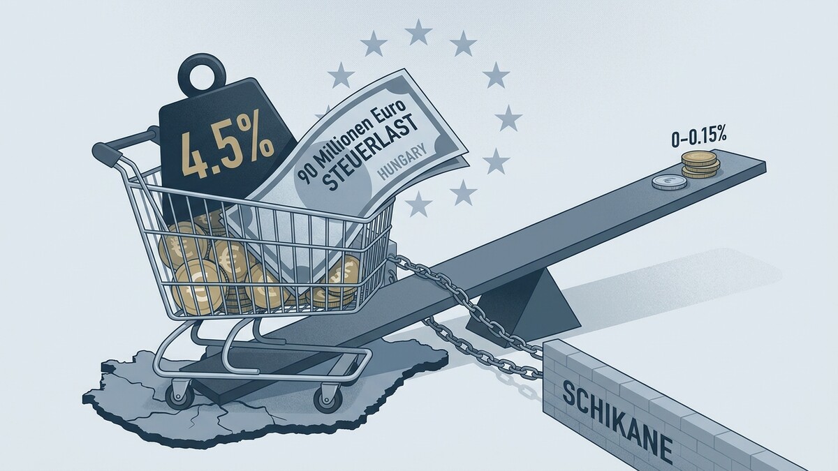 Ungarn: Einkaufswagen mit 4,5% Steuerlast und 90 Mio. Euro steht auf Waage gegen 0-0,15% Münzen.