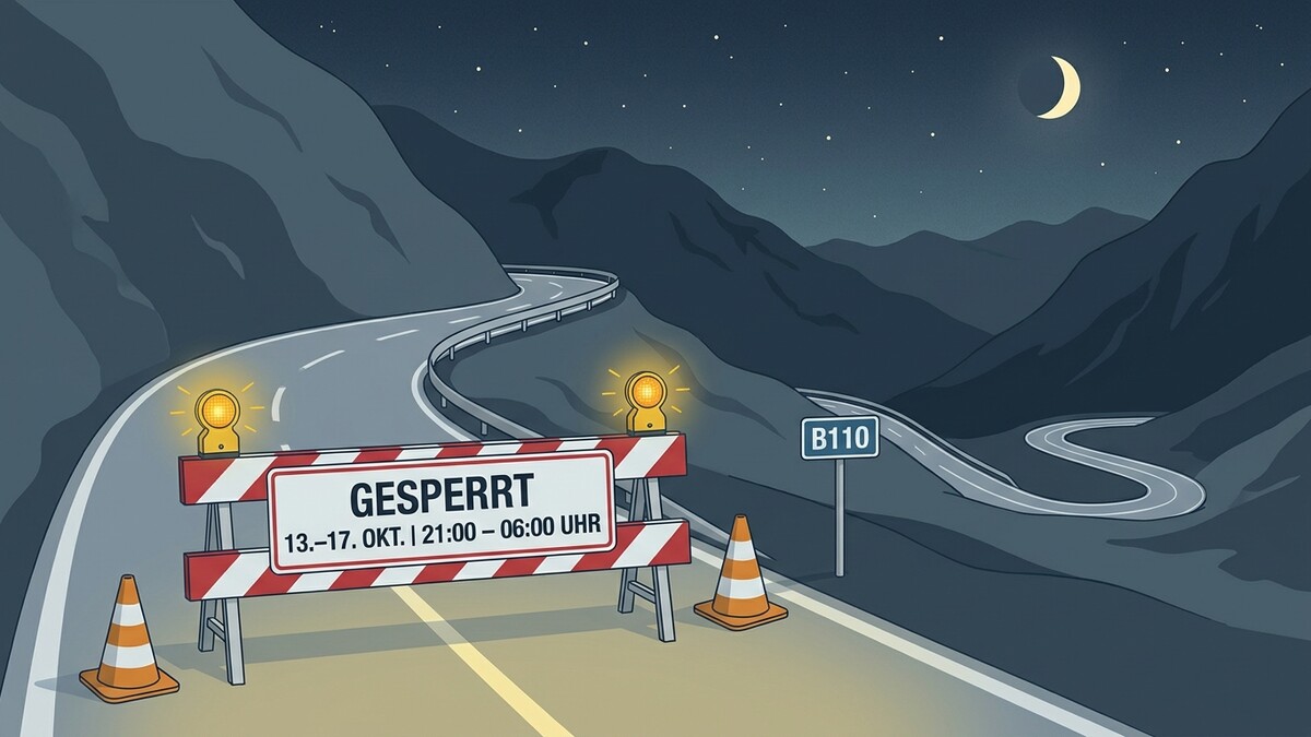 B110 gesperrt von 13.-17. Okt. 21-6 Uhr, Bergstraße bei Nacht