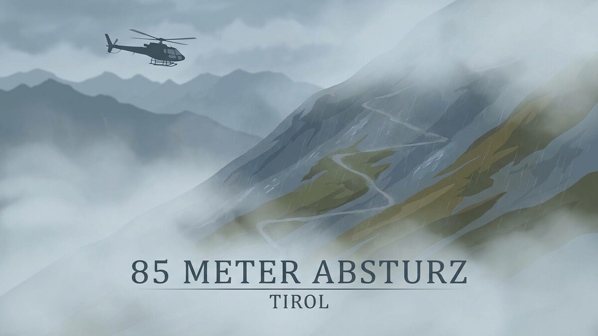 85 Meter Absturz in Tirol, Helikopter fliegt über nebelverhangene Berge